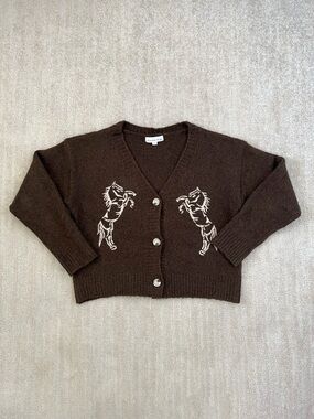 Threaded Leaf Horse Equestrian Wool Cardigan Sweater L